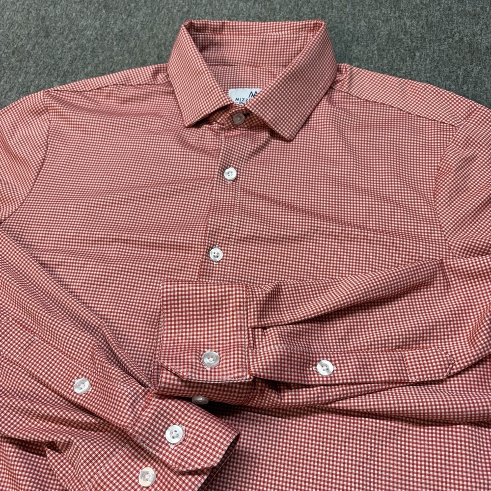 Mizzen+Main Performance Dress Shirt Mens M Red Gingham Check Trim Fit USA Made
